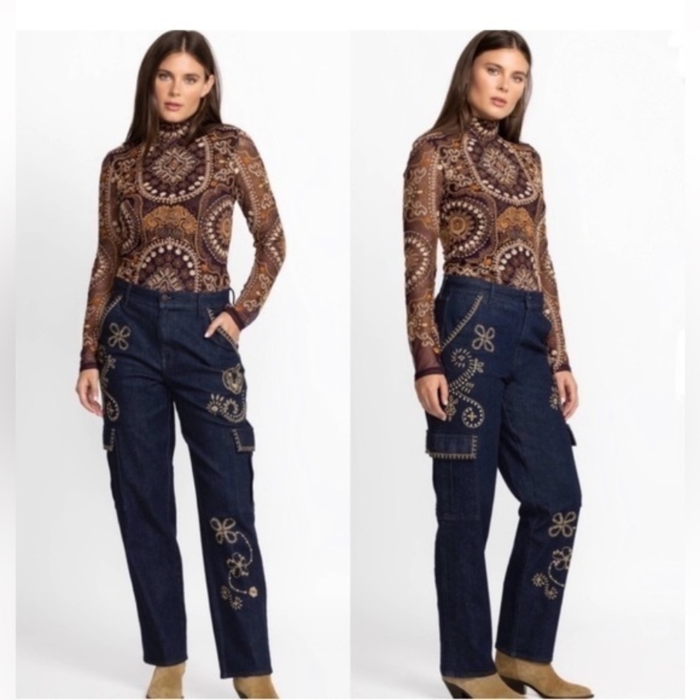 Johnny Was Jeans Alex Cargo High Rise Straight Fit in Dark Wash Gold Embroidery